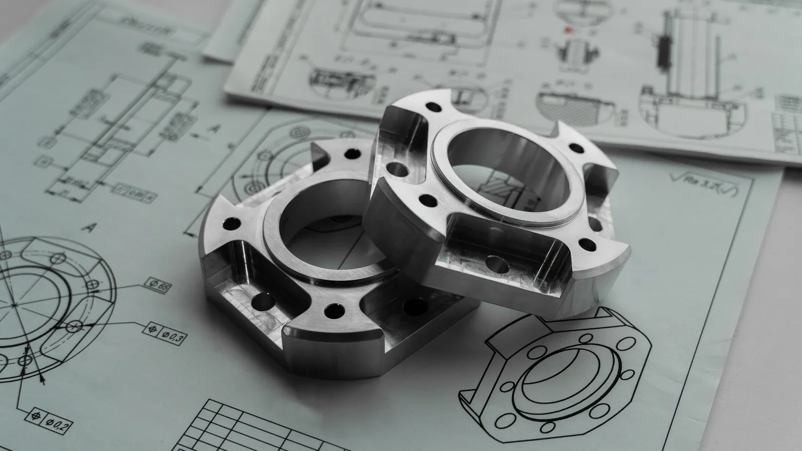 Zwei gefräste Metallflansche auf technischen Zeichnungen mit Bemaßung und Schnittansichten.