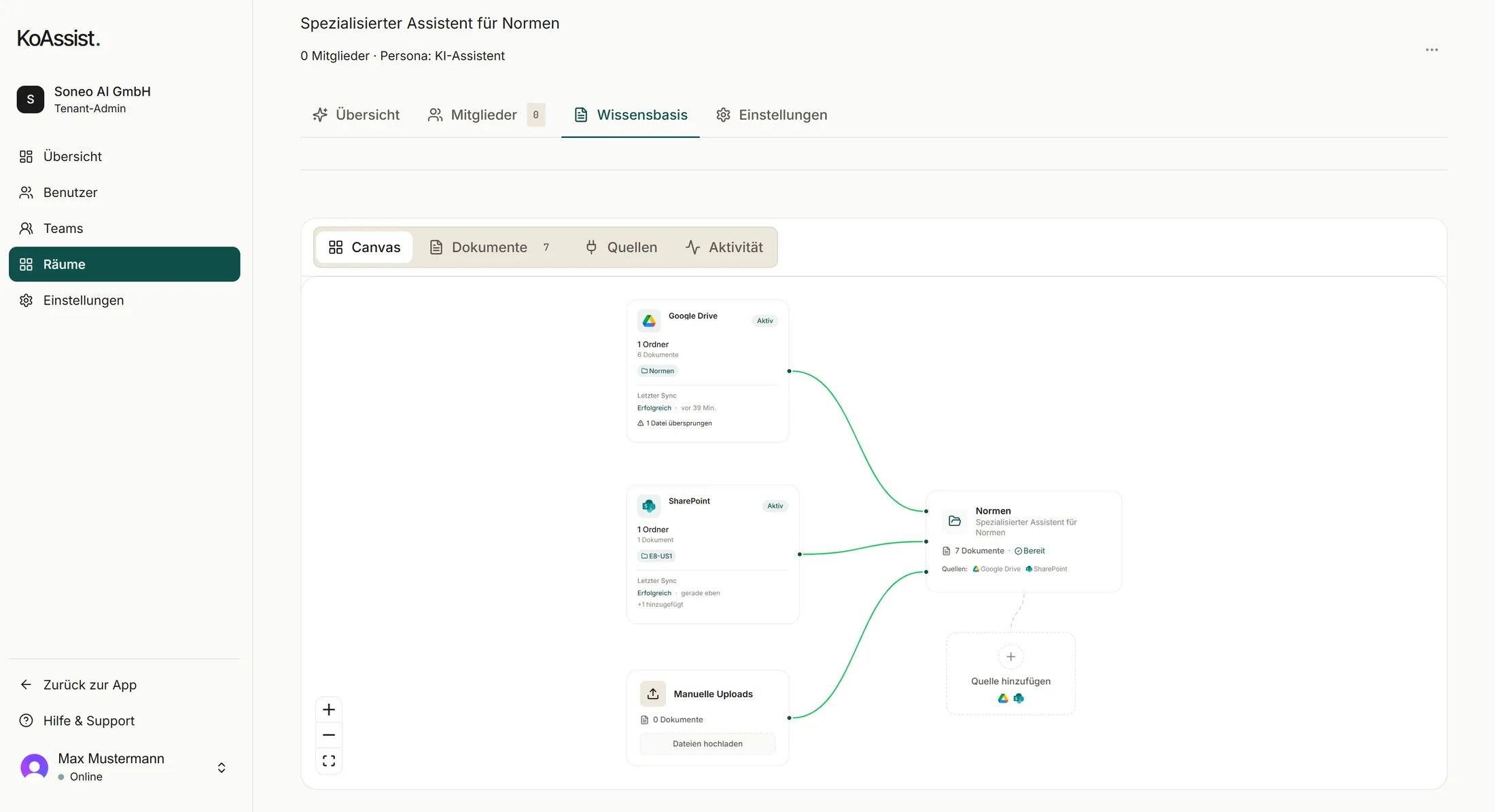 A room's knowledge base with connected Google Drive and SharePoint sources and their sync status